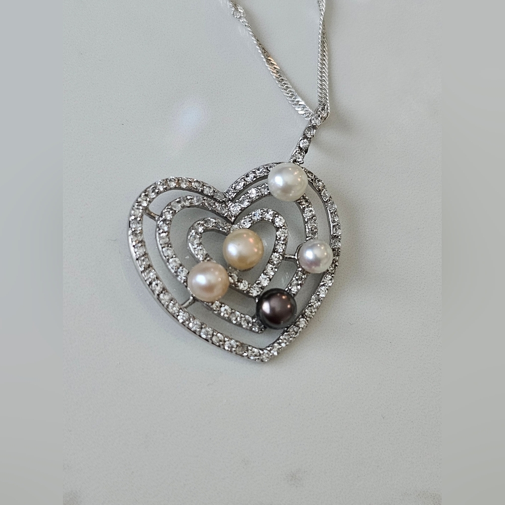 STERLING SILVER  Heart Pendant with REAL Pearls - Picture 9 of 11